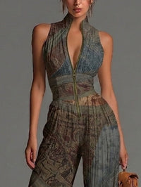 Mono Boho Gris Azulado Sin Mangas con cremallera, plisado, pierna ancha y gasa - Gris Azulado
