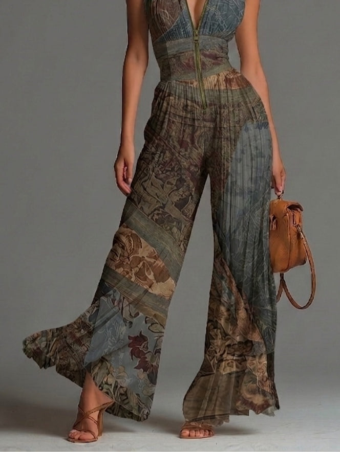 Mono Boho Gris Azulado Sin Mangas con cremallera, plisado, pierna ancha y gasa - Gris Azulado