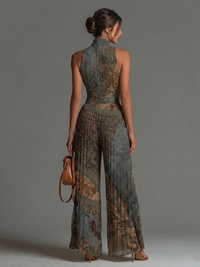 Mono Boho Gris Azulado Sin Mangas con cremallera, plisado, pierna ancha y gasa - Gris Azulado