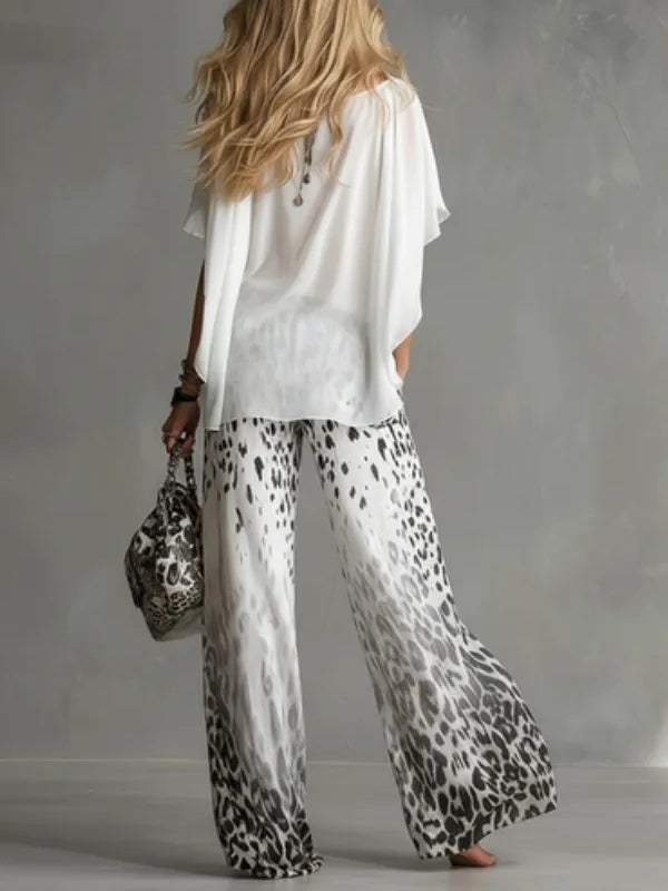 Conjunto de Pantalón Blanco con caída fluida, estampado de leopardo, gasa y estampado - Blanco