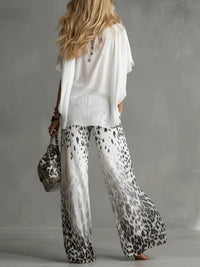 Conjunto de Pantalón Blanco con caída fluida, estampado de leopardo, gasa y estampado - Blanco