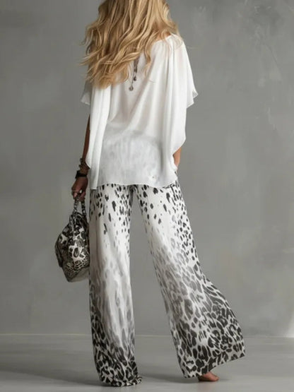 Conjunto de Pantalón Blanco con caída fluida, estampado de leopardo, gasa y estampado - Blanco