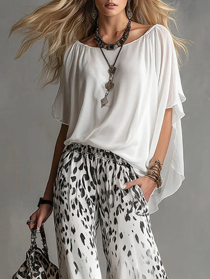 Conjunto de Pantalón Blanco con caída fluida, estampado de leopardo, gasa y estampado - Blanco