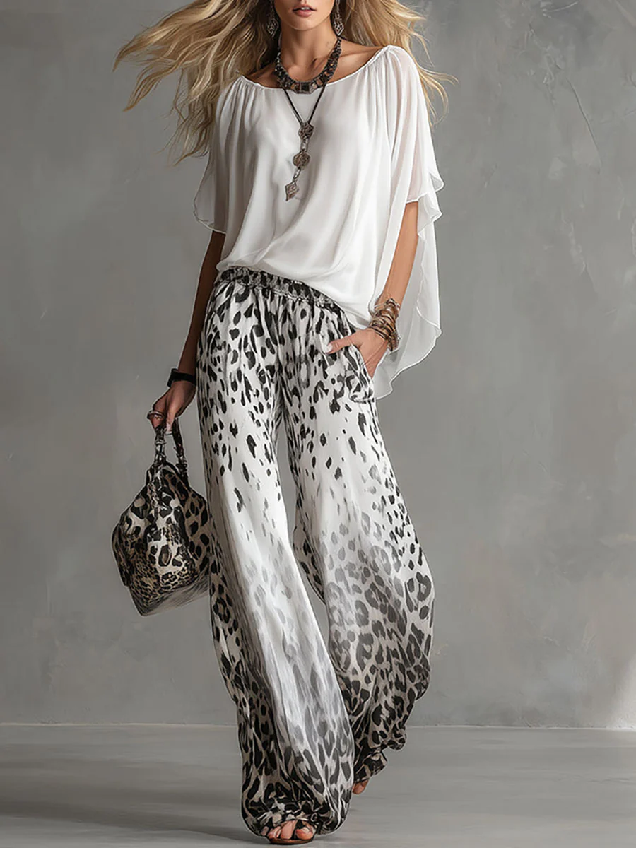 Conjunto de Pantalón Blanco con caída fluida, estampado de leopardo, gasa y estampado - Blanco