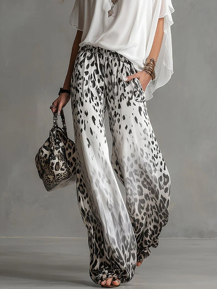 Conjunto de Pantalón Blanco con caída fluida, estampado de leopardo, gasa y estampado - Blanco