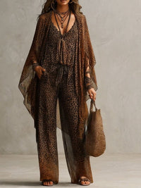 Conjunto de Tres Piezas Boho Marrón con estampado de leopardo, caída fluida y estampado - Marrón