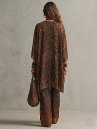 Conjunto de Tres Piezas Boho Marrón con estampado de leopardo, caída fluida y estampado - Marrón