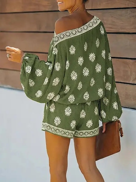 Mono con hombros descubiertos, manga farol y estampado - Verde