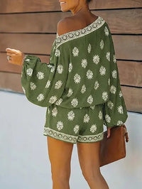 Mono con hombros descubiertos, manga farol y estampado - Verde