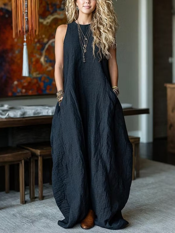 Vestido Casual Negro Sin Mangas con lino - Negro