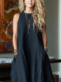 Vestido Casual Negro Sin Mangas con lino - Negro