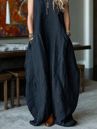 Vestido Casual Negro Sin Mangas con lino - Negro