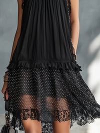 Minivestido Negro con remate de encaje, volantes, transparente y lunares - Negro
