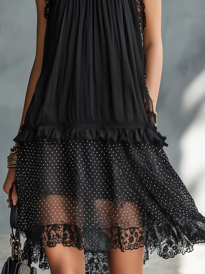 Minivestido Negro con remate de encaje, volantes, transparente y lunares - Negro