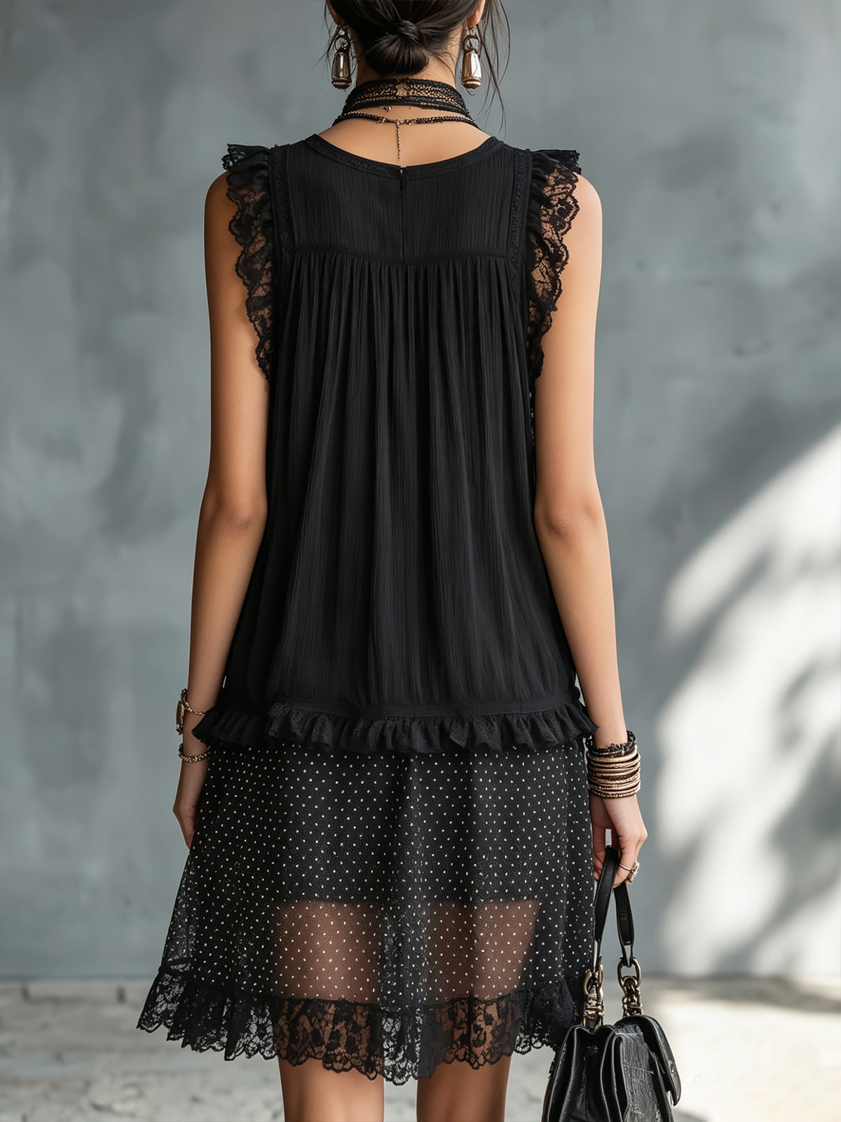 Minivestido Negro con remate de encaje, volantes, transparente y lunares - Negro