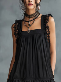 Minivestido Negro con remate de encaje, volantes, transparente y lunares - Negro