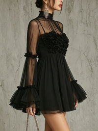 Minivestido Negro con transparente, cuello alto, plisado y gasa - Negro
