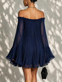 Minivestido Azul Marino con hombros descubiertos, volantes y manga campana - Azul Marino