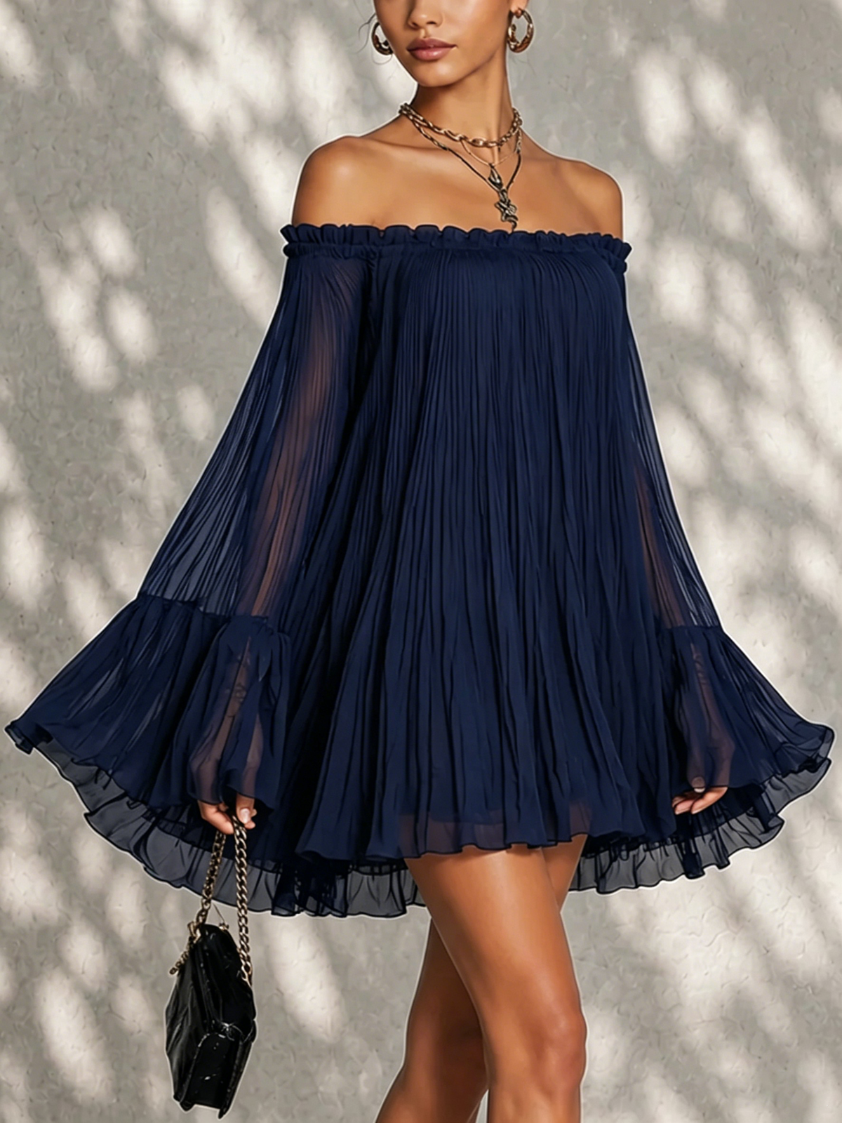 Minivestido Azul Marino con hombros descubiertos, volantes y manga campana - Azul Marino