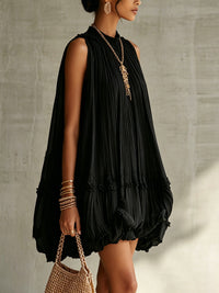 Minivestido Negro con escote halter, volantes y gasa - Negro