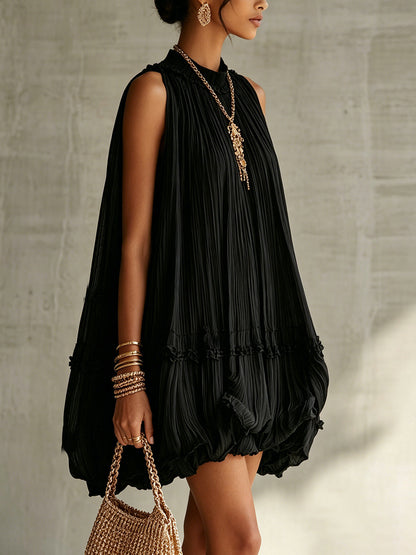 Minivestido Negro con escote halter, volantes y gasa - Negro