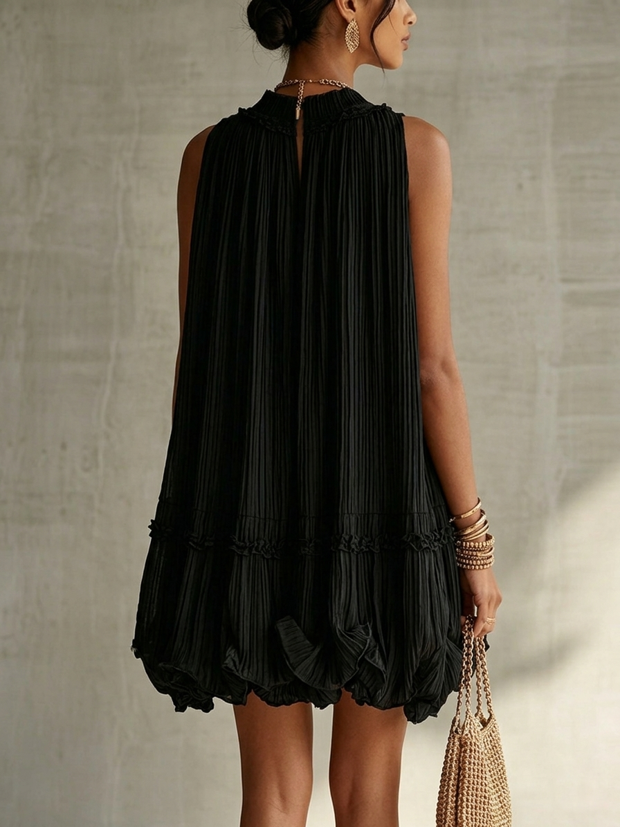 Minivestido Negro con escote halter, volantes y gasa - Negro