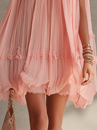 Minivestido Rosa con escote halter, volantes y gasa - Rosa