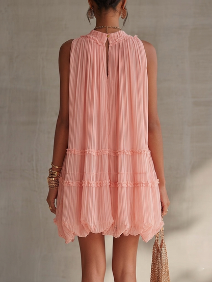 Minivestido Rosa con escote halter, volantes y gasa - Rosa
