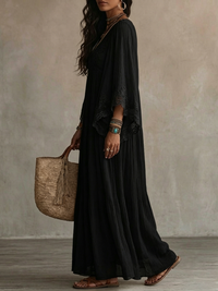 Vestido Largo Negro con encaje, escote en V, manga murciélago y gasa - Negro