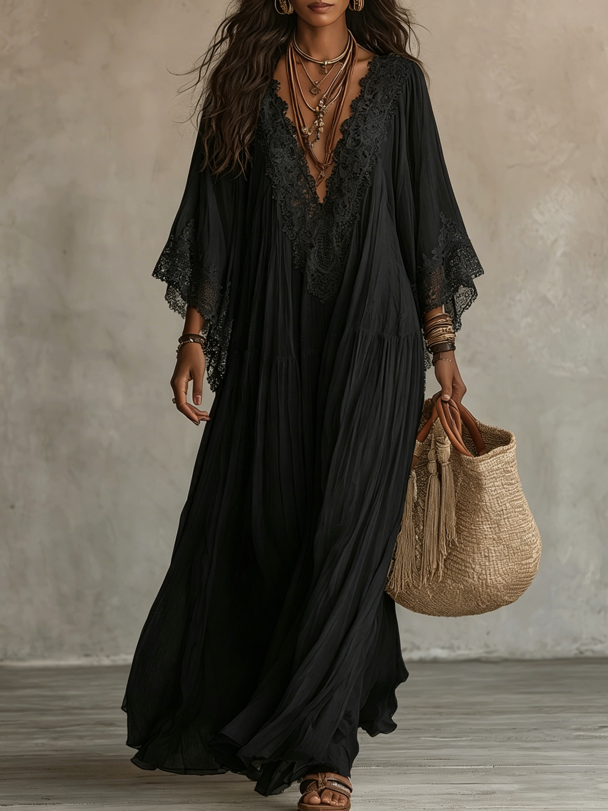 Vestido Largo Negro con encaje, escote en V, manga murciélago y gasa - Negro