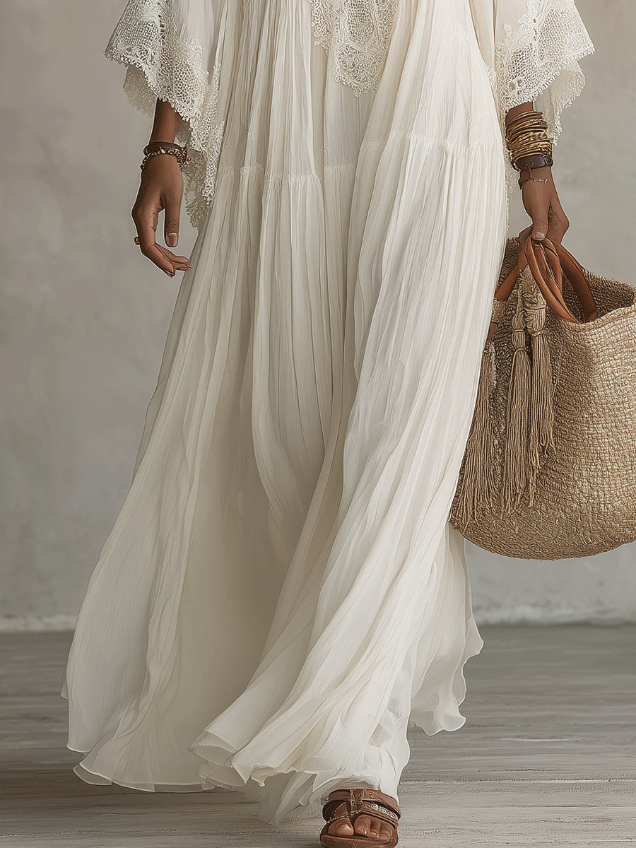 Vestido Largo Blanco con encaje, escote en V, manga murciélago y gasa - Blanco