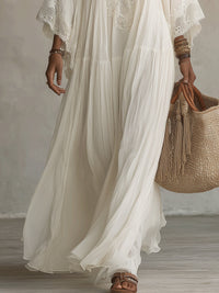 Vestido Largo Blanco con encaje, escote en V, manga murciélago y gasa - Blanco