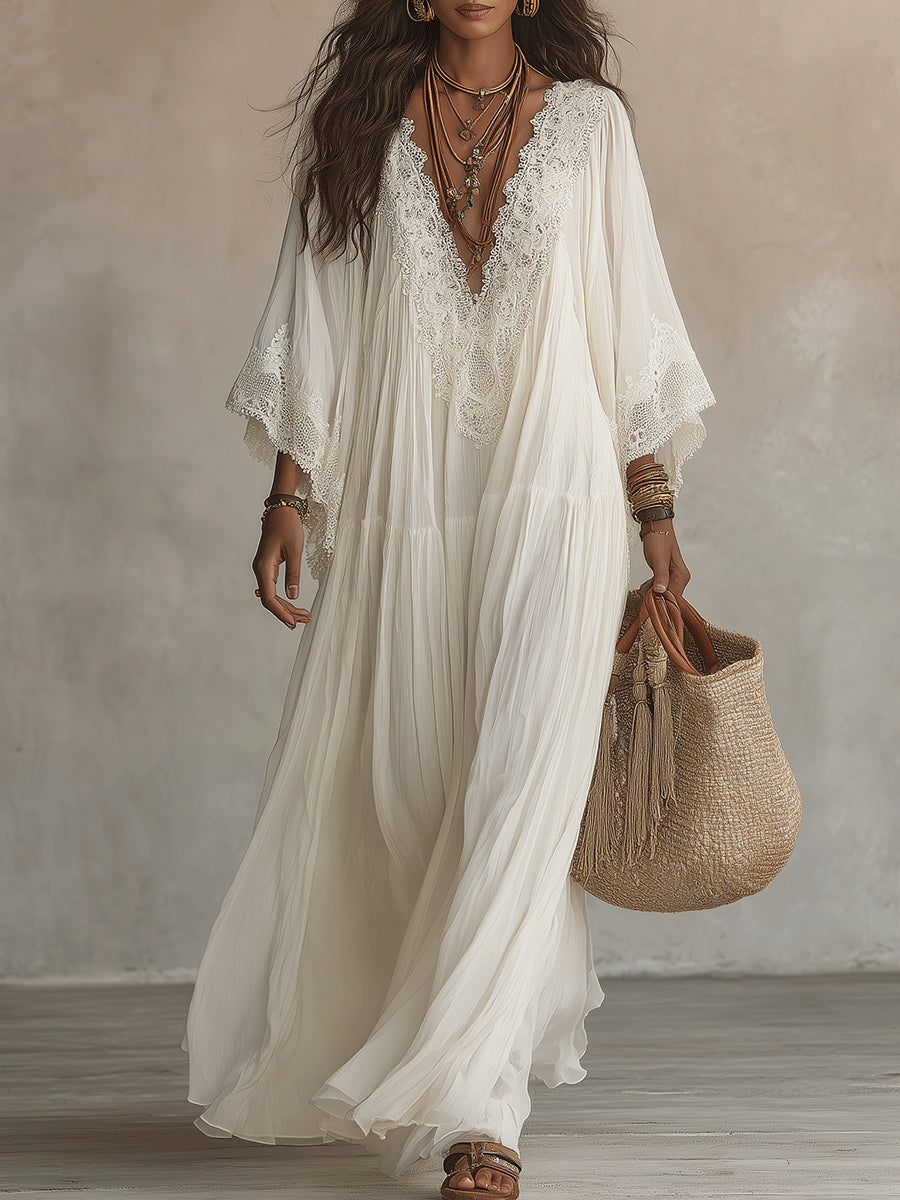 Vestido Largo Blanco con encaje, escote en V, manga murciélago y gasa - Blanco