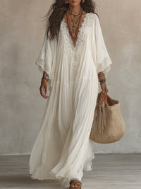 Vestido Largo Blanco con encaje, escote en V, manga murciélago y gasa - Blanco