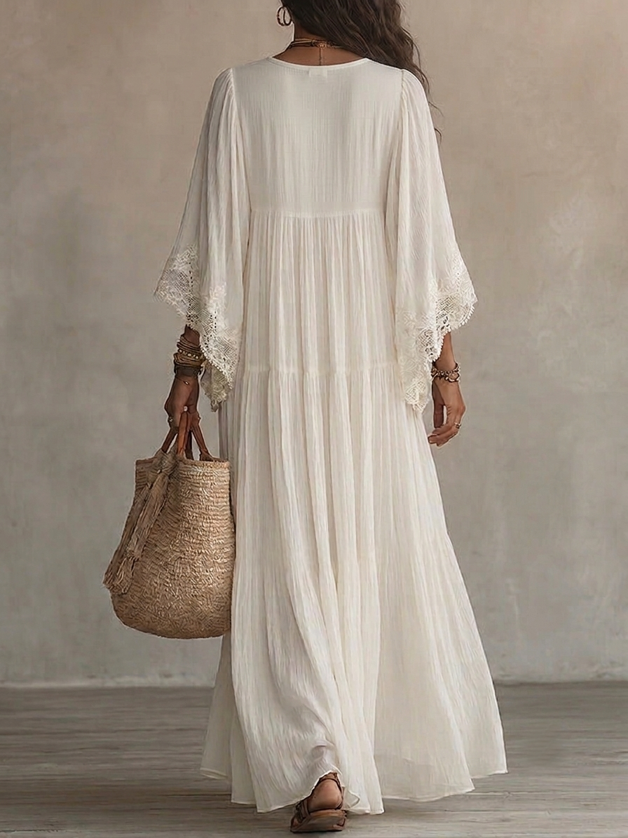 Vestido Largo Blanco con encaje, escote en V, manga murciélago y gasa - Blanco