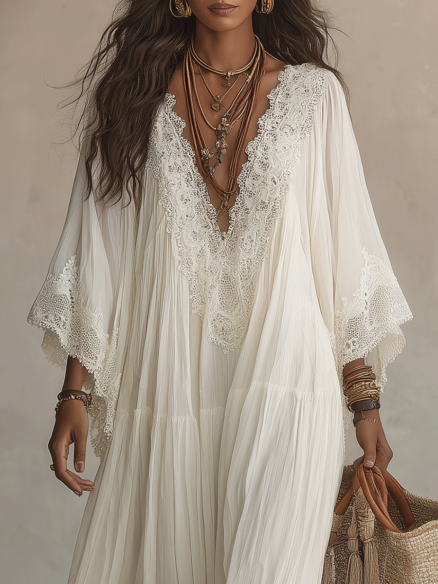Vestido Largo Blanco con encaje, escote en V, manga murciélago y gasa - Blanco