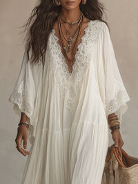 Vestido Largo Blanco con encaje, escote en V, manga murciélago y gasa - Blanco