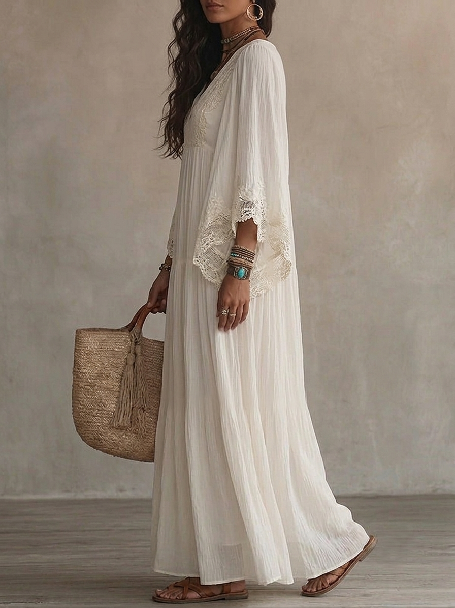 Vestido Largo Blanco con encaje, escote en V, manga murciélago y gasa - Blanco