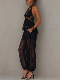 Conjunto de Pantalón Negro con espalda descubierta y remate de encaje - Negro