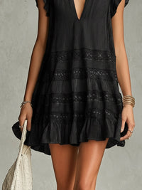 Minivestido Negro con a rayas, gasa, remate de encaje y volantes - Negro
