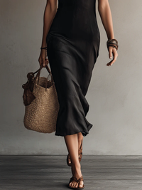 Vestido Midi Boho Negro Sin Mangas con encaje y escote en V - Negro