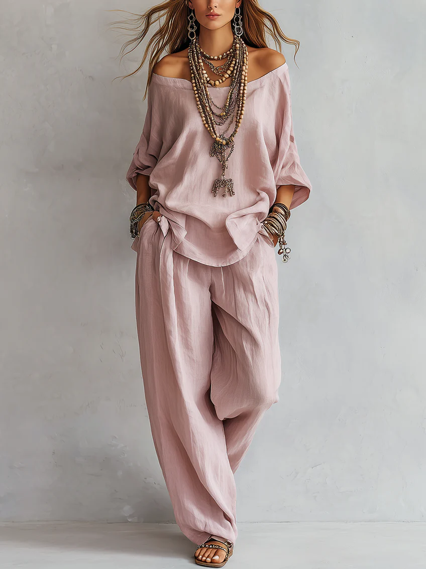 Conjunto de Pantalón Casual con hombros descubiertos y pierna ancha - Rosa