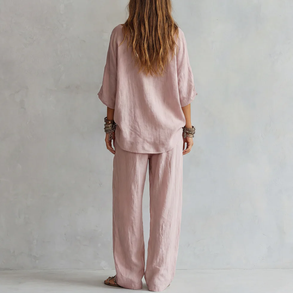 Conjunto de Pantalón Casual con hombros descubiertos y pierna ancha - Rosa