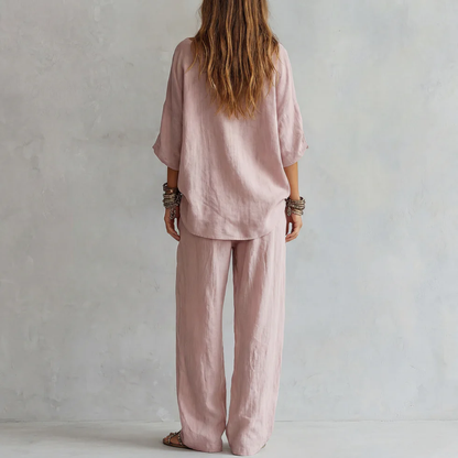 Conjunto de Pantalón Casual con hombros descubiertos y pierna ancha - Rosa