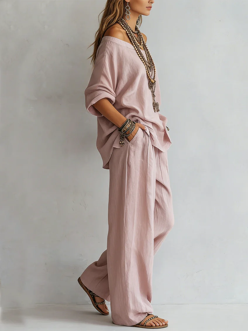 Conjunto de Pantalón Casual con hombros descubiertos y pierna ancha - Rosa