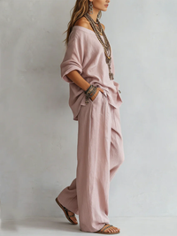 Conjunto de Pantalón Casual con hombros descubiertos y pierna ancha - Rosa