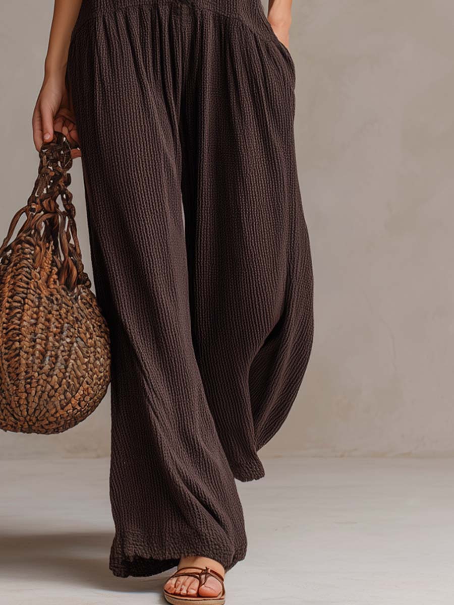 Mono Retro con volantes, escote en V y pierna ancha - Negro