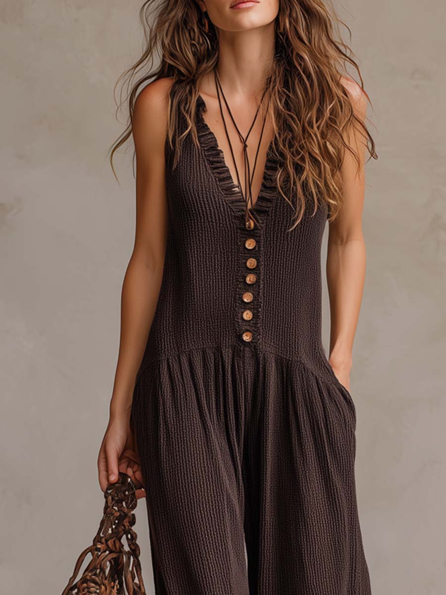 Mono Retro con volantes, escote en V y pierna ancha - Negro