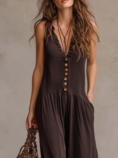 Mono Retro con volantes, escote en V y pierna ancha - Negro