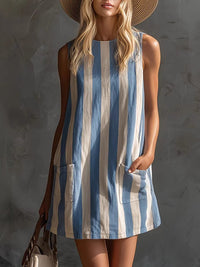 Minivestido Retro Sin Mangas con a rayas y escote redondo - Azul y Blanco